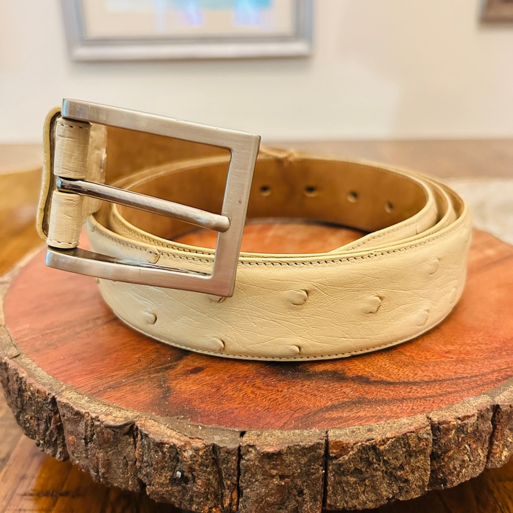 Mezlan Cream Ostrich  Leather Belt with Silver Buckle